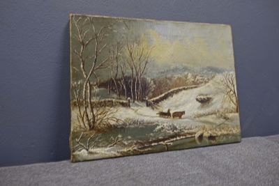 Oil Painting of Winter Scene with Team of Oxen