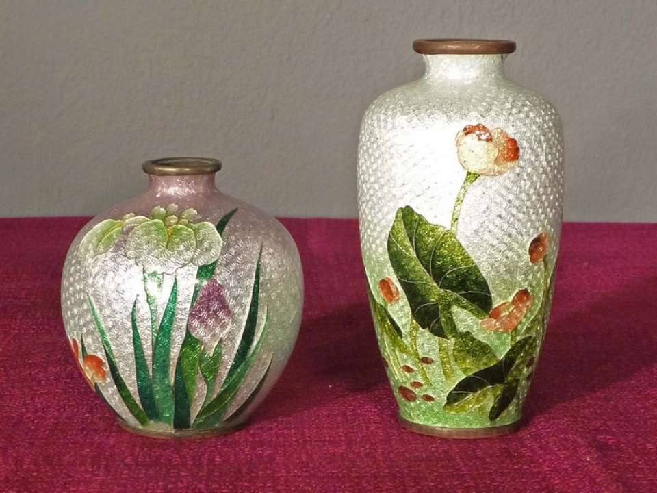 2 Miniature Japanese Ginbari Cloisonné Vases
