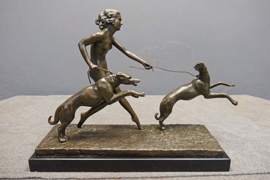 Art Deco Bronze of Nude w. 2 Dogs