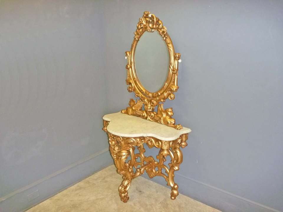 Gold Marble Top Hall Mirror, Vanity with Griffins