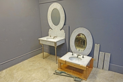 Pair of Victorian Carrara Marble Sinks with Mirrors