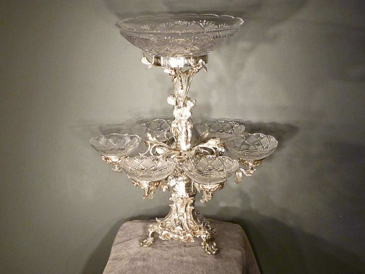 Silver Plate Epergne with Cut Glass Bowls