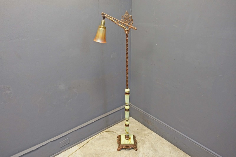 Art Deco Pole, Floor Lamp with green agate glass