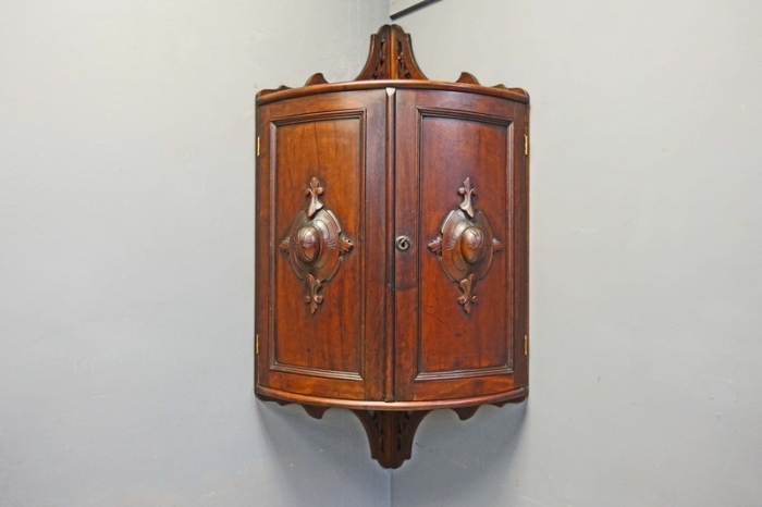 Rare Large Victorian Hanging Corner Cupboard, Cabinet with Bowed Front