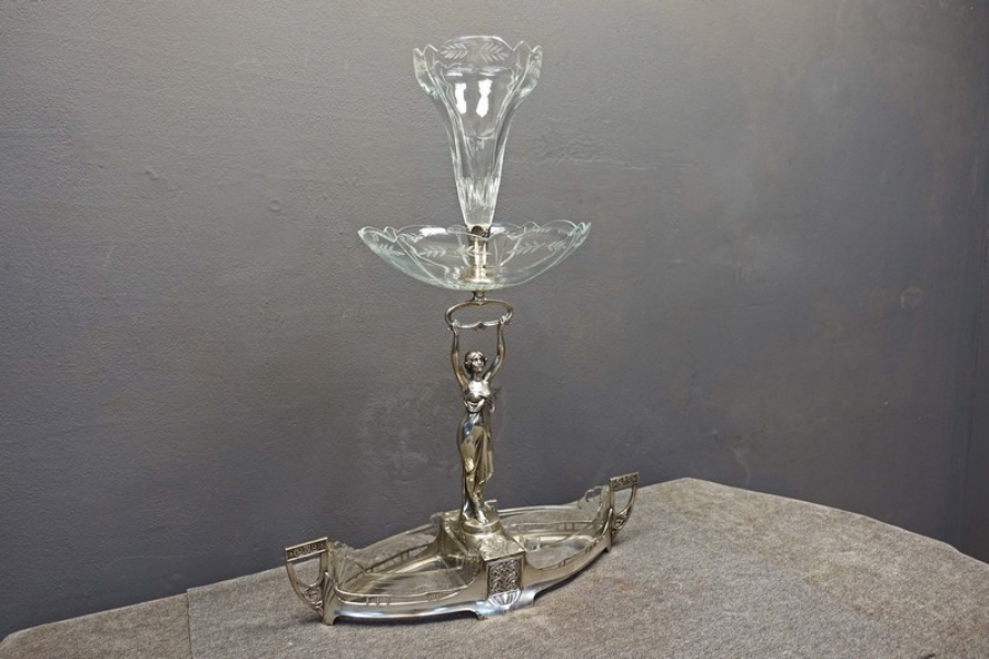Art Nouveau Silver Plate &amp; Crystal Figural Epergne, Centerpiece
