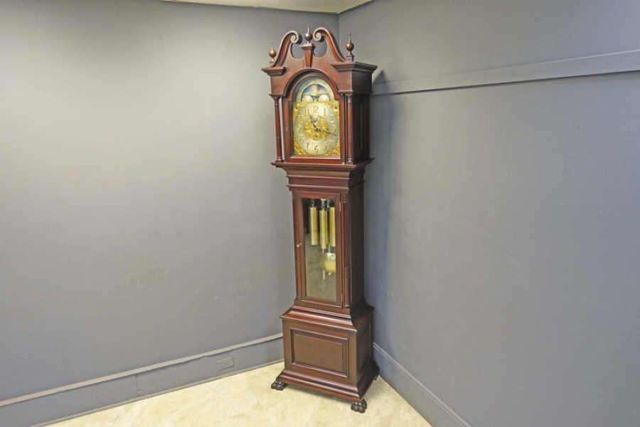Tall Case Grandfather Mahogany Clock by Waltham Clock Co. with 5 Tubular Bells, Westminster Chime