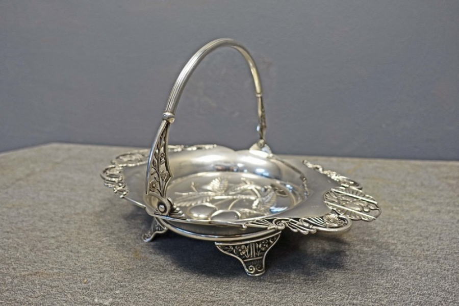 Silver Plate Bride&#039;s Basket with Cherries &amp; Birds by Pairpoint